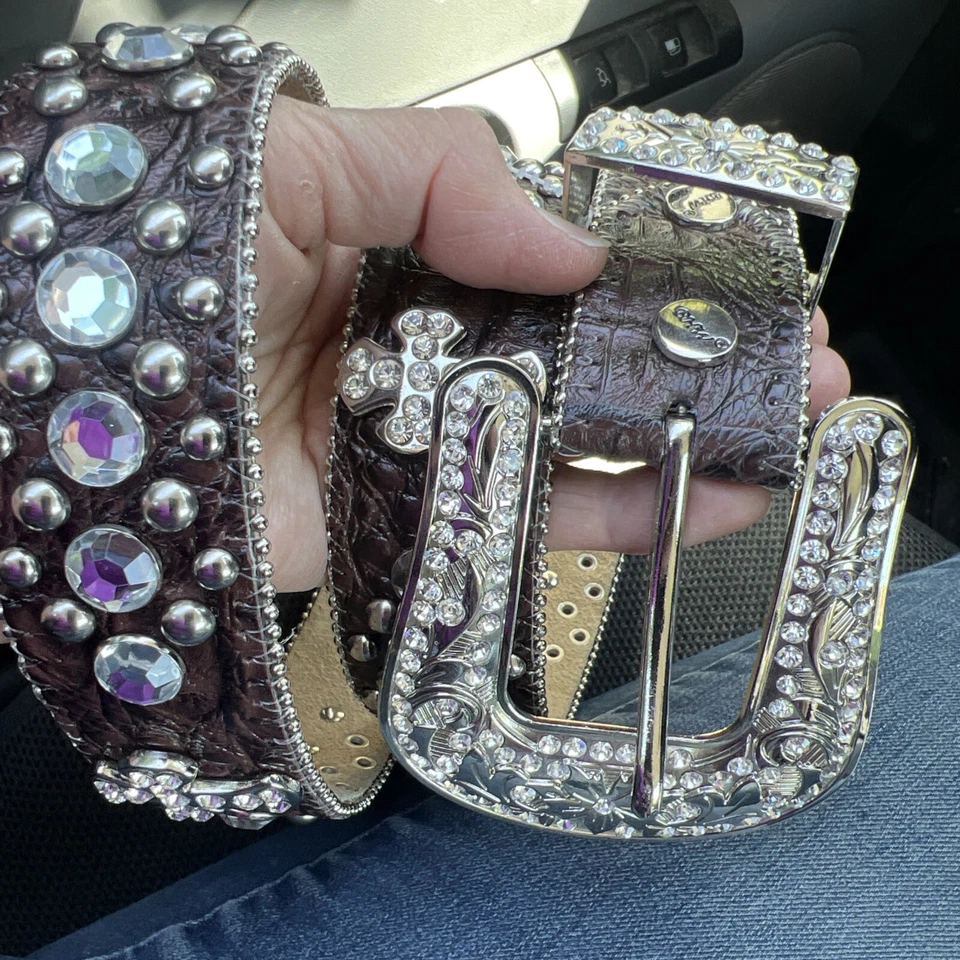BHW Crystal Cross Concho Studded Western Leather Womens Belt Cowgirl - Image 1 of 1