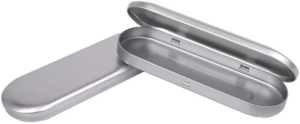 Paquete de 2 Estuche para bolígrafos plateado Estuche para lápices de metal simple Mini caja de hojalata con bisagras Cepillo de maquillaje Foto 1 de 1