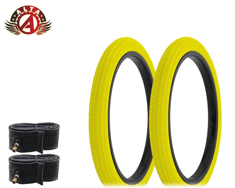 2 NEUMÁTICO DE CUENTAS DE ALAMBRE DE BICICLETA ALTA 18" X 1,95 AMARILLO BANDA DE RODADURA BMX/FREESTYLE CON TUBOS. Foto 1 de 1