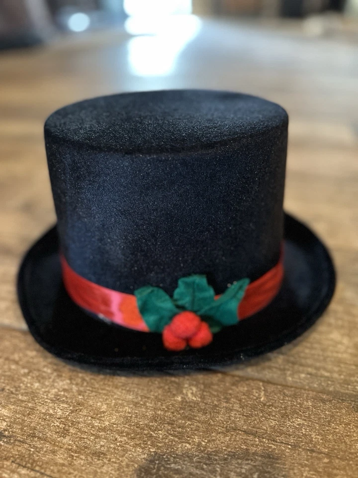 Black Top Hat With Christmas Holly Velvet W/Elastic Inside For One Size Fits All - Image 1 of 3