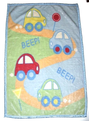 Vintage Springmaid Blue Cars BEEP Baby Blanket Plush Satin Trim Security - Image 1 of 2