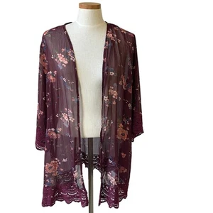 Top Kimono de Encaje Floral Mason & Belle Playa Cubrir Mujeres 2X Borgoña Frente Abierto - Imagen 1 de 10