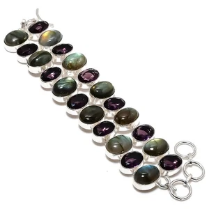 Natural Labradorite, Amethyst Gemstone 925 Sterling Silver Bracelet 7-8" i340 - Picture 1 of 6