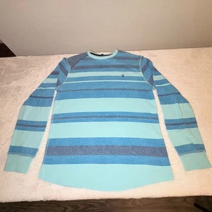 Volcom Waffle Knit Thermal Shirt Medium Blue Stripes Skater Grunge Retro Comfort - Picture 1 of 10