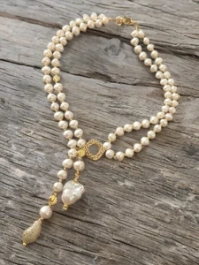 Colgante de cadena de perlas barrocas de doble fila de diseño perla barroca única - Imagen 1 de 6