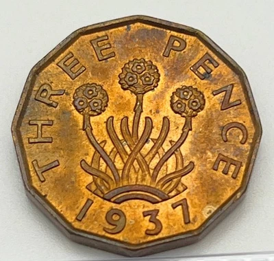 1937 Great Britain 3 Pence BU UNC Uncirculated Nice Luster KM#849 George VI - Image 1 of 2