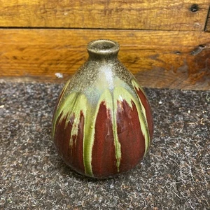 Pier 1 Imports  4 1/2" Beautifull Dip Glazed Deep Red, Browns Greens Bud Vase - Picture 1 of 16