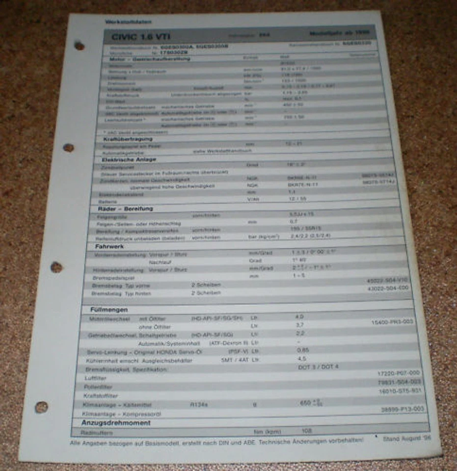 Hoja De Inspección Honda Civic 1.6 VTI Año De Modelo 1996! - Imagen 1 de 1