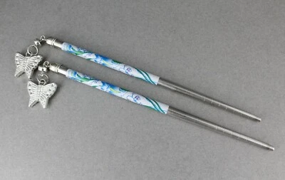 Azul Set 2 Colgantes Mariposa Floral Palitos Picar Pelo Picos Alfileres 6 1/8" Largo Foto 1 de 4