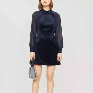 Ted Baker Navy Blue Velvet Long Sleeve Collar Lourah Mini Dress Size 5 (XL) - Picture 1 of 6