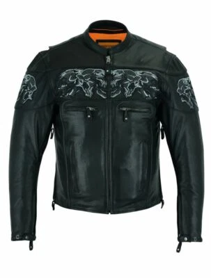 Men's Leather Concealed Carry Racing Jacket with Reflective Skulls Heavy Duty - Image 1 of 4