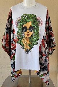 NWT Vintage Peacenik MEDUSA Snakes Kantha Upcycled Poncho BOHO Top T-Shirt S-3XL - Picture 1 of 13