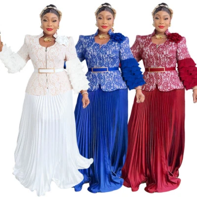 Elegant Lace Abaya Women Muslim Ruffle Print Robe Fashion Africa Wedding Party - Bild 1 von 4