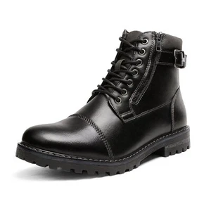 Men's Leather Motorcycle Boots Combat Faux Fur Military Ankle Boots - Picture 1 of 12