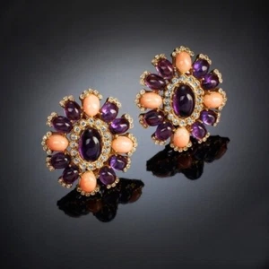 Superb Purple & Pink Flower Cabochon Colored Gemstone With CZ Omega Earrings - Picture 1 of 2