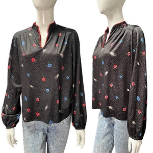 Vintage 70's 80's Black Floral Print Top/Blouse/Shirt 12-14 J C Penney Retro Tru - Picture 1 of 5