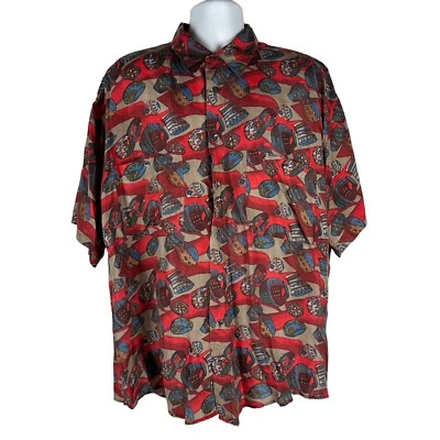 Impact Mens Large Silk Short Sleeve Button-Up Shirt With Tribal Drum Print - Image 1 of 4