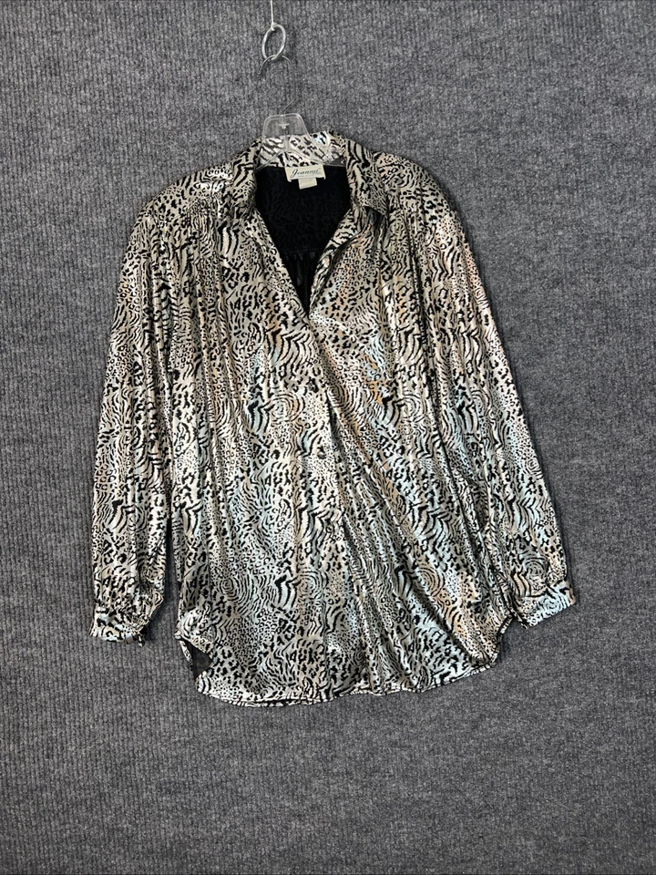 Blusa vintage Joanna para mujer con botones talla mediana con estampado animal recubierto metálico Foto 1 de 4