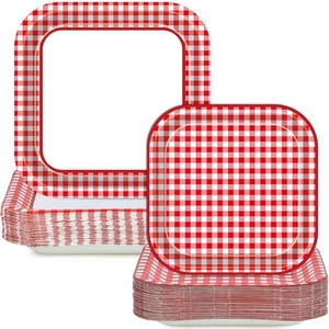 100 Pcs Red and White Gingham Party Supplies Set Checkered Plaid Plates Desse... - Picture 1 of 7