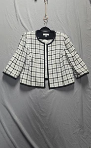 Jones Studio Blazer Womens 20W Black White Plaid 3/4 Sleeve Open Front Jacket - Picture 1 of 13