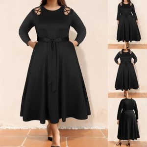 Women Sexy Cold Shoulder Long Sleeve Midi Dress Casual Party Dress Plus Size US - Picture 1 of 15