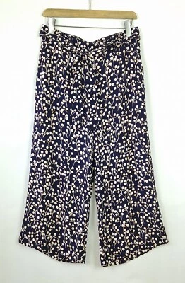 MINT VELVET BLUE ABSTRACT FLORAL WIDE LEG ANKLE TROUSERS WITH BELT UK 12 SHORT  - Image 1 of 4