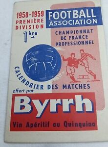 Calendrier des matches de football offert par Byrrh 1958-1959