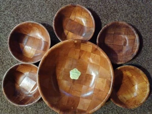VTG Parquet Woven Wooden Salad Bowl w 5 Bowls Serving Set MCM - Picture 1 of 1