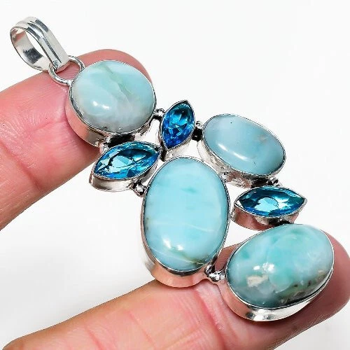 Natural Larimar Topaz Gemstone Silver Plated Cluster Pendant Jewelry 2.5" - Изображение 1 из 1