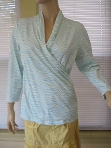 J McLaughlin Catalina Cloth Faux Wrap Shirt Top Blue Cream Sz L EUC - Picture 1 of 4
