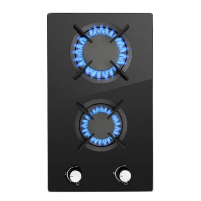 30 cm Gas Hob 2Burners Black Glass Built in Gas Cooktop Cast Iron Support NG/LPG - Image 1 of 4