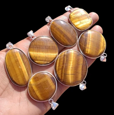 Lote de colgantes boho hechos a mano con piedras preciosas étnicas ojo de tigre enchapados en plata de ley 925 Foto 1 de 3