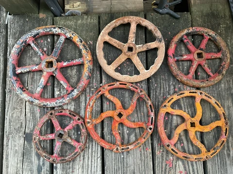 Lot of 6 VINTAGE Cast Iron Metal VALVE HANDLES INDUSTRIAL ART 6.5" - 9.5” Cover