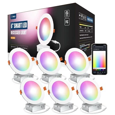 Amico 6 Pack 6 Inch Smart LED Recessed Lighting, WiFi Canless Downlight with ... - Image 1 of 4