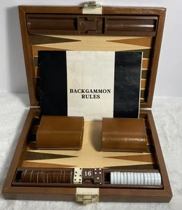 Vintage Faux Brown Leather White Stripe Mini Magnetic Travel Backgammon Set9”x7” - Picture 1 of 10