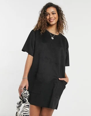 ASOS DESIGN Black mini t-shirt suede dress with large front pockets - Image 1 of 4