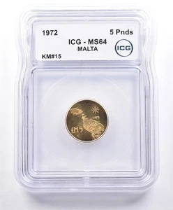 1972 Malta 5 Pounds Gold KM#15 MS64 ICG *2341 - Picture 1 of 3