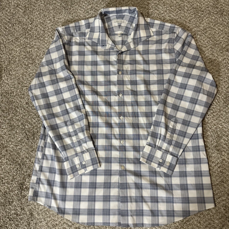 Camisa de vestir a cuadros azul poliéster talla 17 1/2 34/35 Perry Ellis PORTFOLIO para hombre Foto 1 de 4