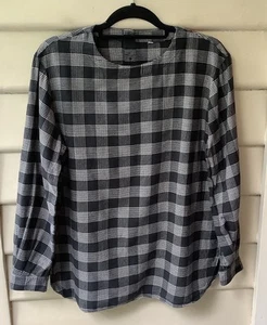 Muji Top 100% Cotton Black White L 14 Check Shirt Minimalist Curved Hem As New - Picture 1 of 10