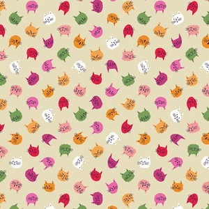 Feline Drive Fabric CATS & FLOWERS Funny Cat Faces Khaki Fat Quarter (18x22") FQ - Picture 1 of 7