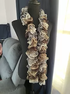 Handmade Open End Ruffle Scarf Brown Tan Ivory Metallic Yarn - Picture 1 of 8