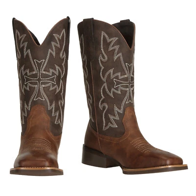 女式深棕色牛仔方头靴中筒经典西部靴 — 第 1/4 张图片