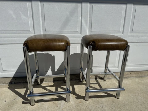 1970’s Vintage Brown Leather Chrome Matching Stools Cover