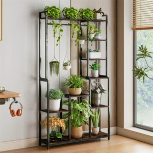 Extra Tall Indoor Plant Stand Metal Patio Organization with Shelves and Hanging - Picture 1 of 12