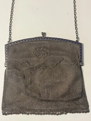 800 Silver Blue Enamel Art Nouveau Chain Mail Evening Bag Sterling W Orig Liner - Image 1 of 4