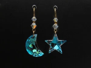 Swarovski Crystal Moon and Star Earrings, Aurora Borealis, 14K/20 Gold Filled - Picture 1 of 5