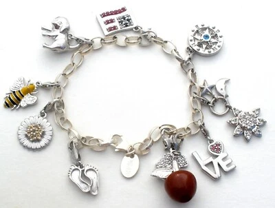 Sterling Silver Charm Bracelet 10 Lobster Clasp Charms Flag Apple Bee Flower 8" - Image 1 of 4