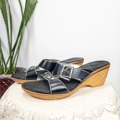 Sandalias de cuña negras Y2K con hebilla tachonada plataforma sin cordones talla 9 Foto 1 de 4