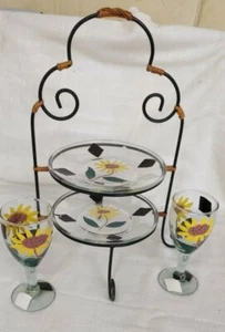 PLATOS DE ENSALADA DE VIDRIO Y VASOS DE TÉ GIRASOLES PINTADOS A MANO BLANCO Y NEGRO - Imagen 1 de 9