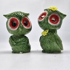 VINTAGE  Salt Pepper Shaker Green Owl Boy And Girl in Love Cartoon Flowers